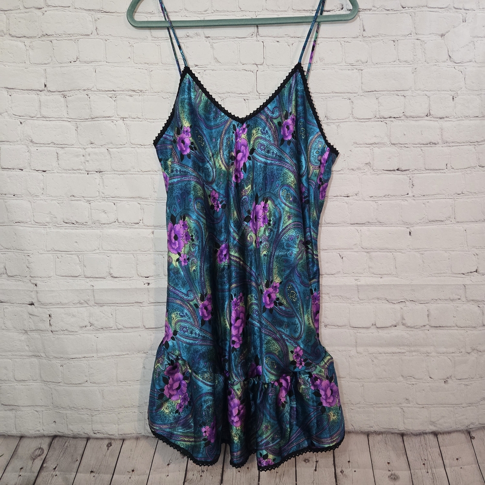Vtg 90s Featherbed Jewel Tone Paisley Chemise Slip Whimsigoth FairyGrunge M‎